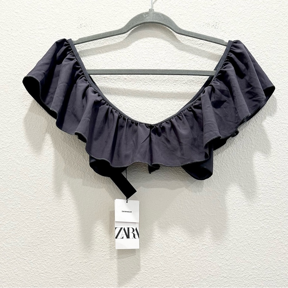 NWT! ZARA Dark Gray Ruffled Bikini Top!